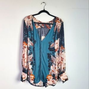 Free People Tunic Top Women's M Green Balsam Combo Floral Hook Closure Boho